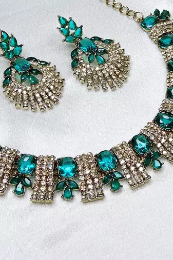 Green yellow gold premium designer american diamond and stone work necklace set