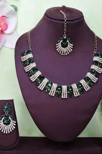 Green yellow gold premium designer american diamond and stone work necklace set