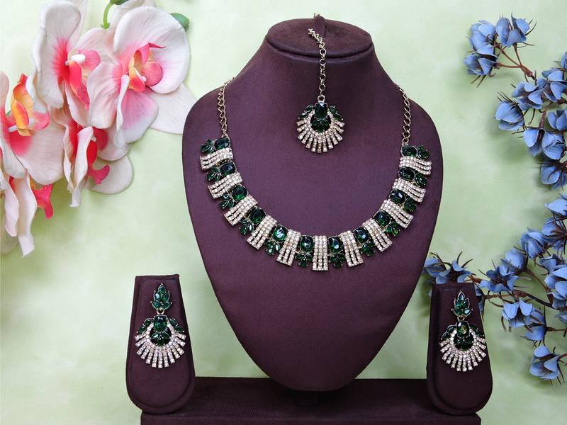Green yellow gold premium designer american diamond and stone work necklace set