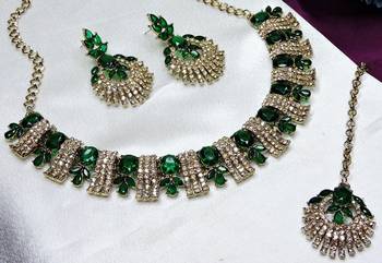 Green yellow gold premium designer american diamond and stone work necklace set 2