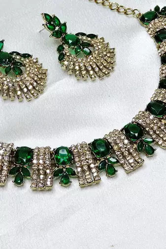 Green yellow gold premium designer american diamond and stone work necklace set
