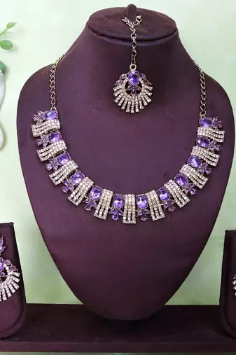 Purple yellow gold premium designer american diamond and stone work necklace set
