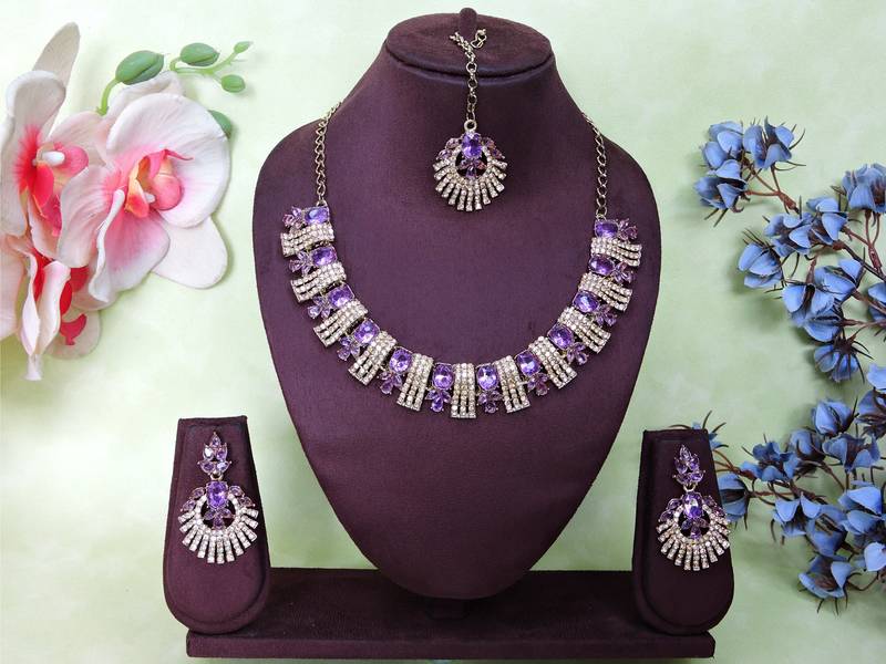 Purple yellow gold premium designer american diamond and stone work necklace set