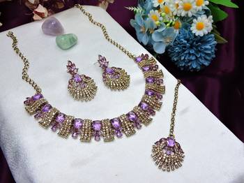 Purple yellow gold premium designer american diamond and stone work necklace set 2