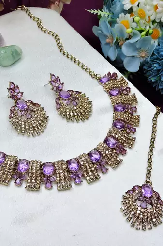 Purple yellow gold premium designer american diamond and stone work necklace set