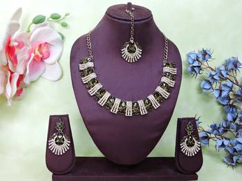 Green yellow gold premium designer american diamond and stone work necklace set 1