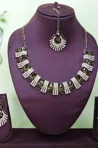 Green yellow gold premium designer american diamond and stone work necklace set