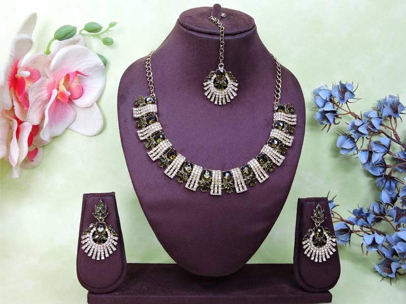 Green yellow gold premium designer american diamond and stone work necklace set
