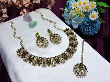 Green yellow gold premium designer american diamond and stone work necklace set 2