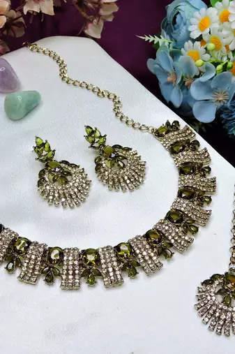 Green yellow gold premium designer american diamond and stone work necklace set