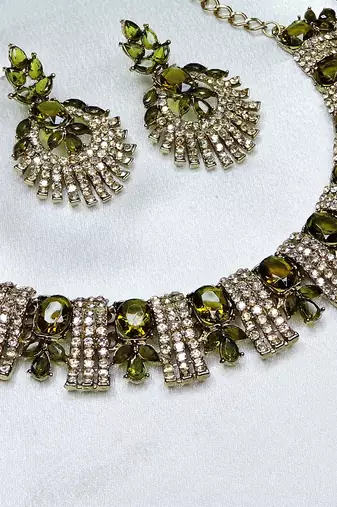 Green yellow gold premium designer american diamond and stone work necklace set