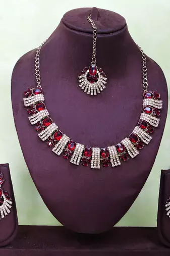 Maroon yellow gold premium designer american diamond and stone work necklace set