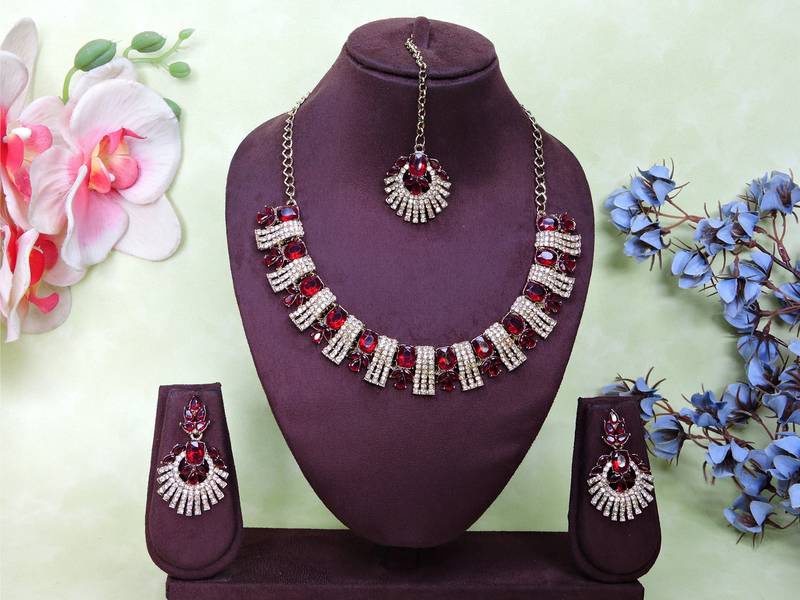 Maroon yellow gold premium designer american diamond and stone work necklace set