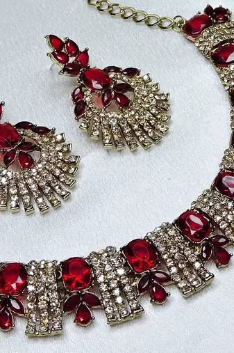 Maroon yellow gold premium designer american diamond and stone work necklace set