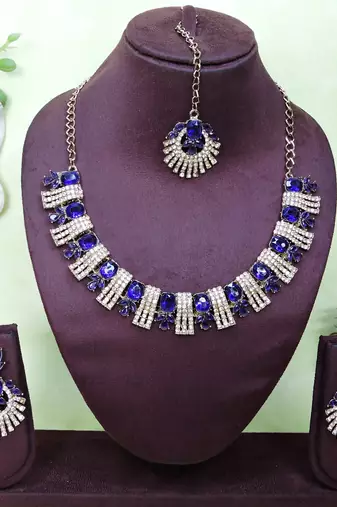 Blue yellow gold premium designer american diamond and stone work necklace set