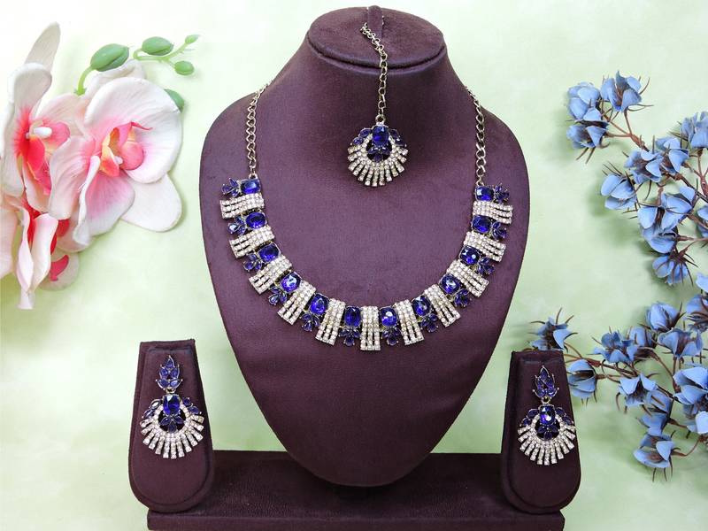 Blue yellow gold premium designer american diamond and stone work necklace set
