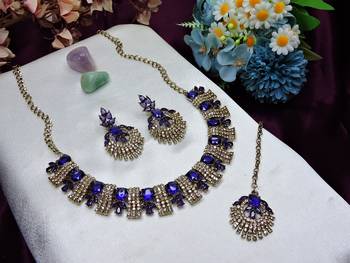 Blue yellow gold premium designer american diamond and stone work necklace set 2