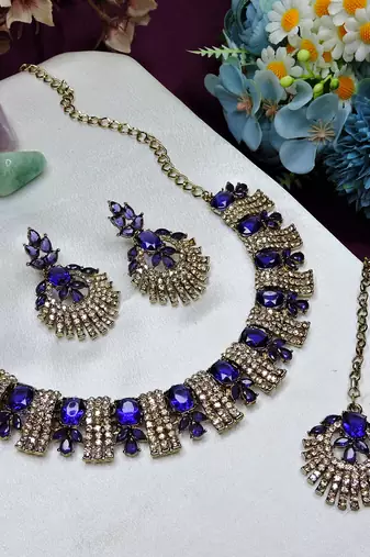 Blue yellow gold premium designer american diamond and stone work necklace set