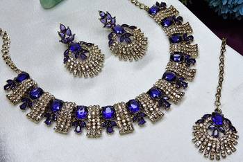 Blue yellow gold premium designer american diamond and stone work necklace set 3