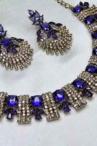 Blue yellow gold premium designer american diamond and stone work necklace set