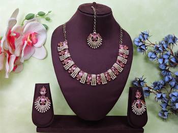 Pink yellow gold premium designer american diamond and stone work necklace set 1