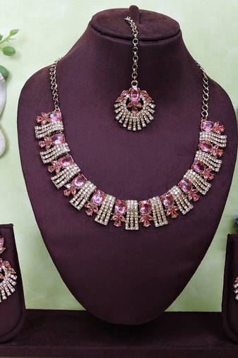 Pink yellow gold premium designer american diamond and stone work necklace set