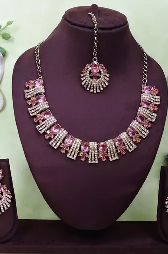 Pink yellow gold premium designer american diamond and stone work necklace set