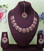 Pink yellow gold premium designer american diamond and stone work necklace set