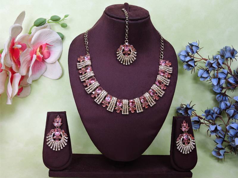 Pink yellow gold premium designer american diamond and stone work necklace set