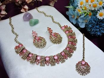 Pink yellow gold premium designer american diamond and stone work necklace set 2