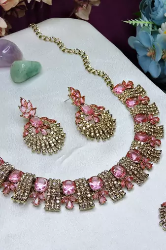 Pink yellow gold premium designer american diamond and stone work necklace set