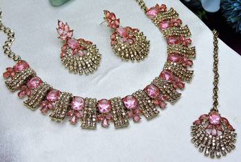Pink yellow gold premium designer american diamond and stone work necklace set 3