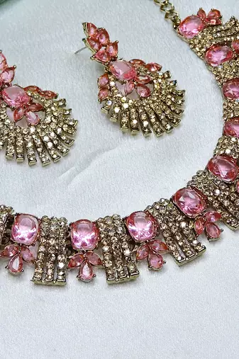 Pink yellow gold premium designer american diamond and stone work necklace set