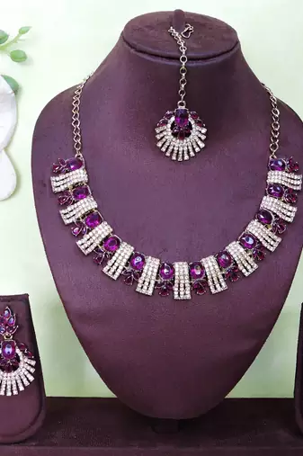 Purple yellow gold premium designer american diamond and stone work necklace set