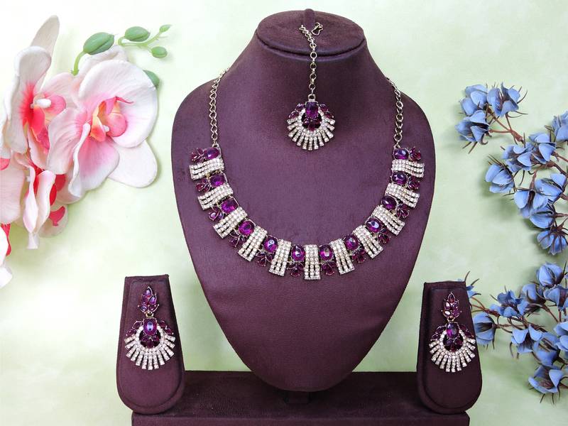 Purple yellow gold premium designer american diamond and stone work necklace set