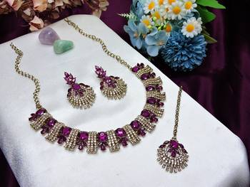 Purple yellow gold premium designer american diamond and stone work necklace set 2