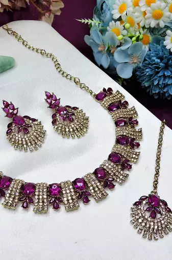 Purple yellow gold premium designer american diamond and stone work necklace set