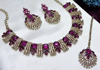 Purple yellow gold premium designer american diamond and stone work necklace set 3