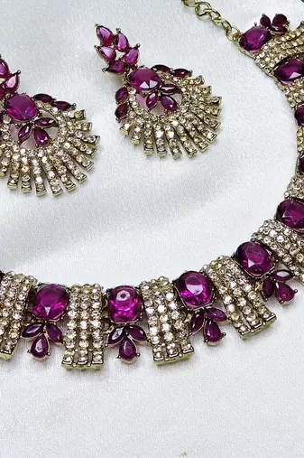 Purple yellow gold premium designer american diamond and stone work necklace set
