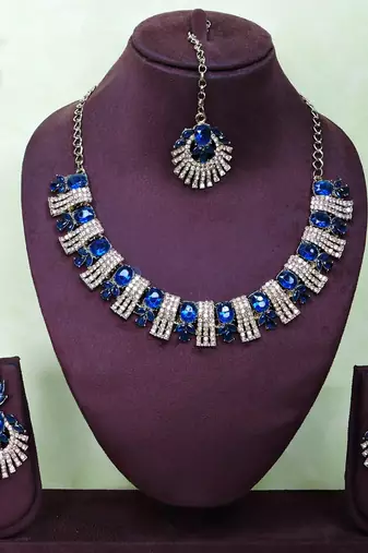 Blue yellow gold premium designer american diamond and stone work necklace set