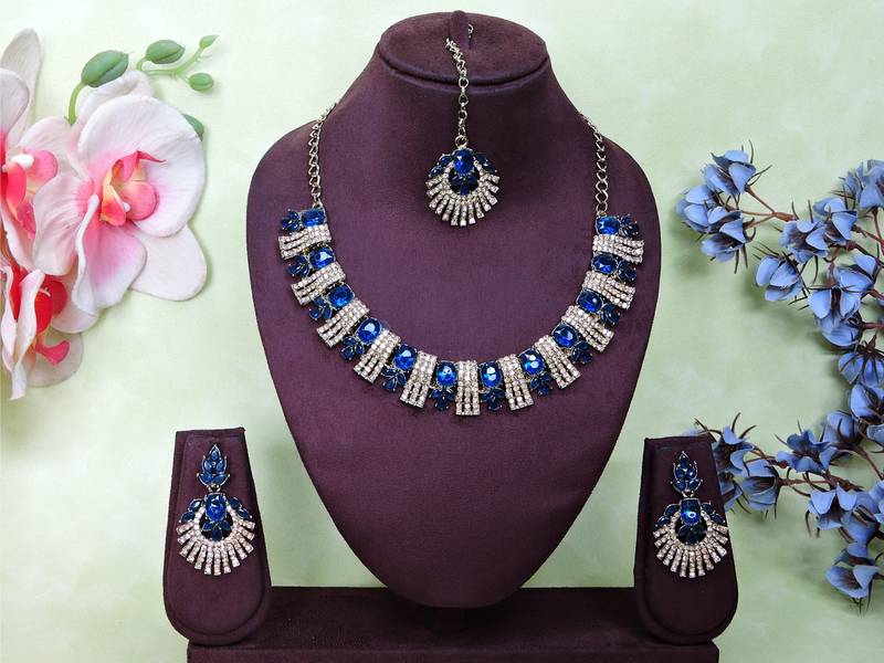 Blue yellow gold premium designer american diamond and stone work necklace set