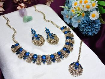 Blue yellow gold premium designer american diamond and stone work necklace set 2