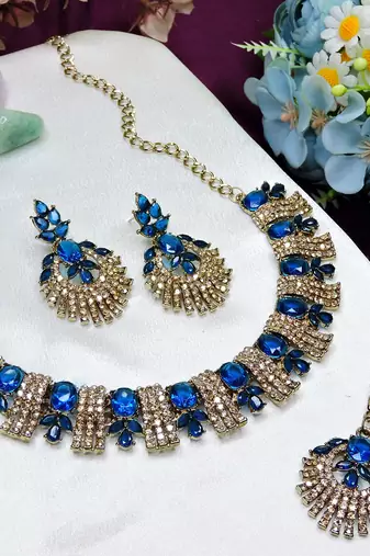 Blue yellow gold premium designer american diamond and stone work necklace set