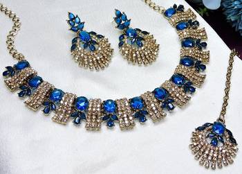Blue yellow gold premium designer american diamond and stone work necklace set 3