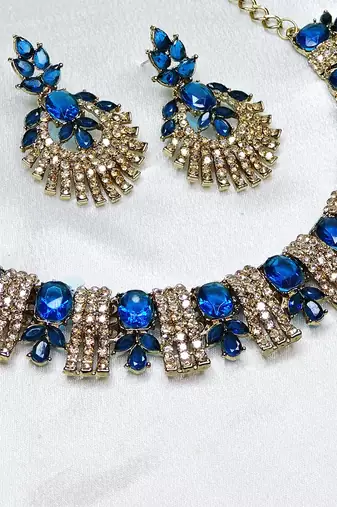 Blue yellow gold premium designer american diamond and stone work necklace set
