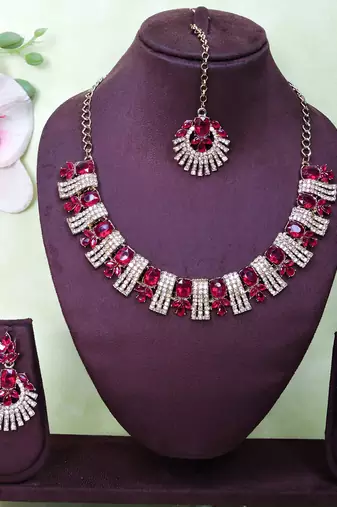 Pink yellow gold premium designer american diamond and stone work necklace set