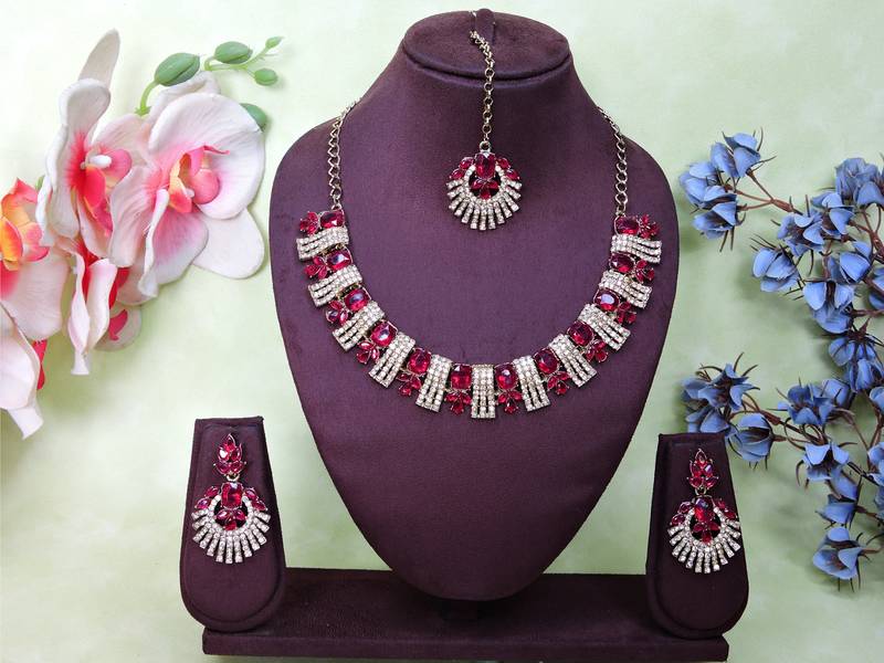 Pink yellow gold premium designer american diamond and stone work necklace set