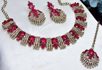 Pink yellow gold premium designer american diamond and stone work necklace set 2
