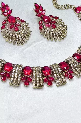 Pink yellow gold premium designer american diamond and stone work necklace set