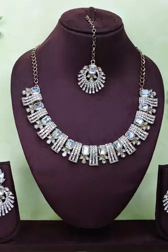 White yellow gold premium designer american diamond and stone work necklace set